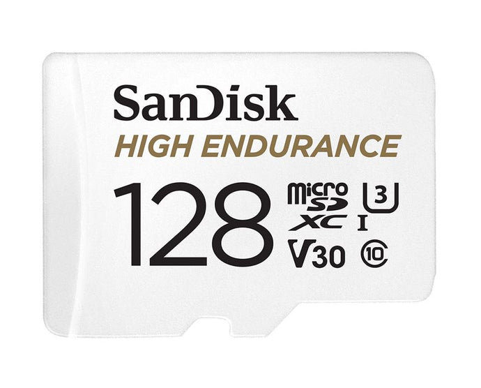 SanDisk High Endurance 128GB microSD 100MB/s 40MB/s 10K hrs 4K UHD C10 U3 V30 -40°C to 85°C Heat Freeze Shock Temperature Water X-ray Proof SD Adapter
