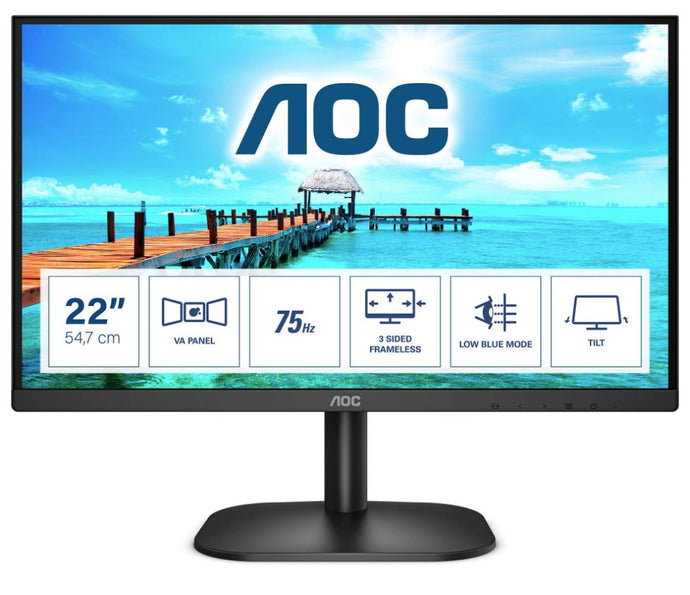 AOC 21.5' 22B2HN 1920x1080,  VA, 75Hz, HDMI 1.4, VGA, Tilt, Low Blue, Flicker Free, Ultra Slim, VESA 100mm, Tilt.   Home Office Monitor (LS)